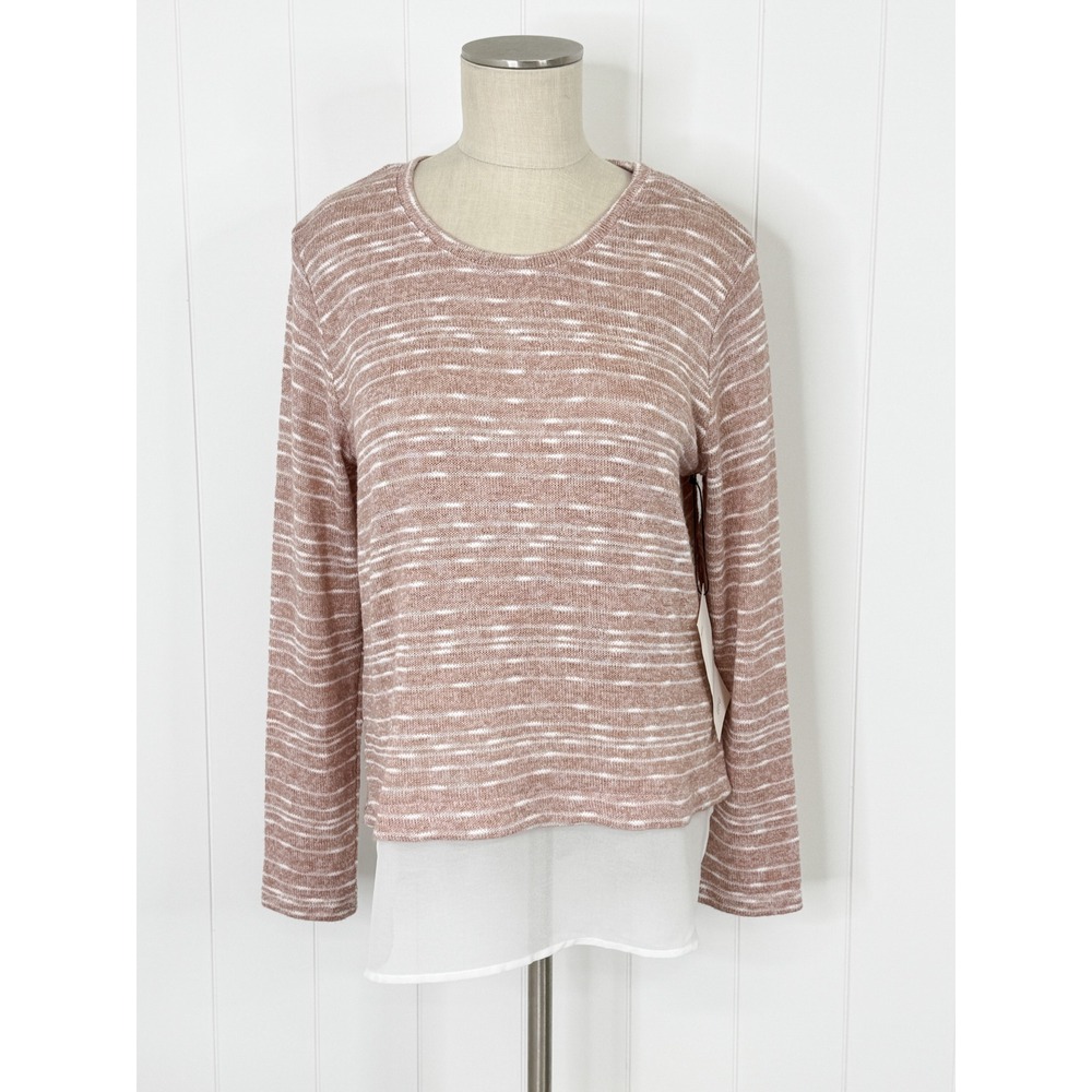 Stitch Fix Space Dye Layered Chiffon Hem Knit Sweater Beige NWT Womens M Sample
